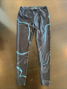Black High-Rise Leggings with Teal Topographic Print
